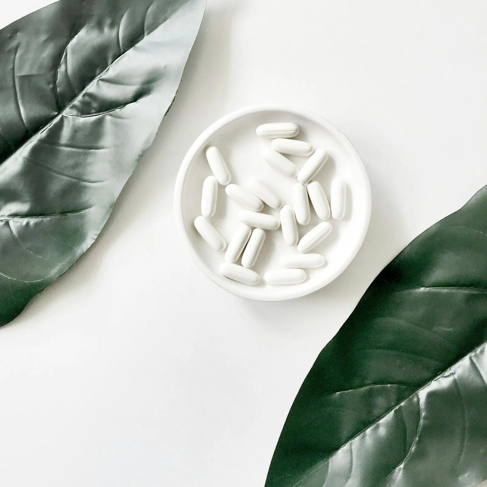 Pastillas blancas en un plato sobre hojas verdes